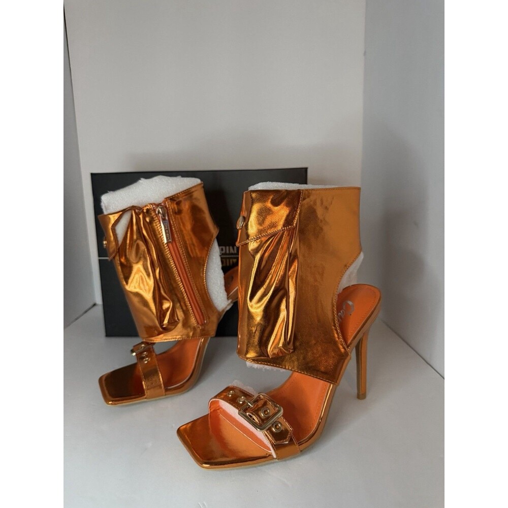 Cape Robbin Orange Strappy Heels Buckle Zipper Square Toe Synthetic Size 6.5